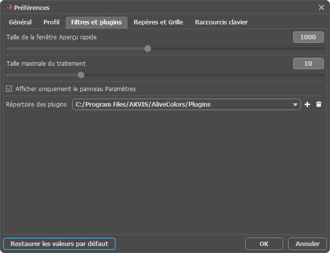 Fenêtre de modification des paramètres du logiciel