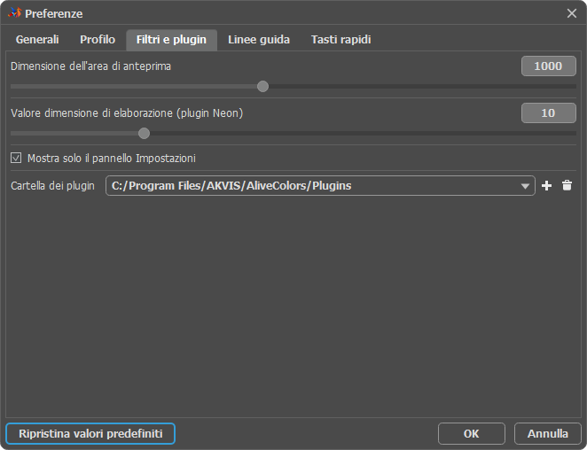Preferenze: Filtri e plugin