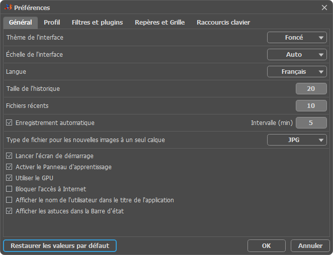 Fenêtre Préférences : Paramètres Généraux