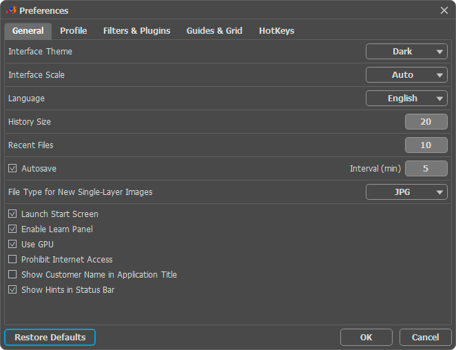 Preferences Window: General Settings