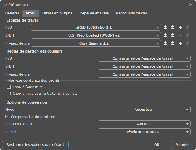 Préférences d'AliveColors : onglet Profil