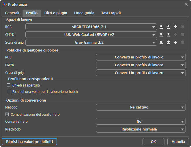 Preferenze di AliveColors: Scheda Profilo