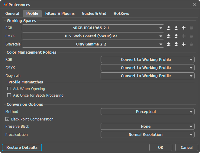 AliveColors Preferences: Profile Tab